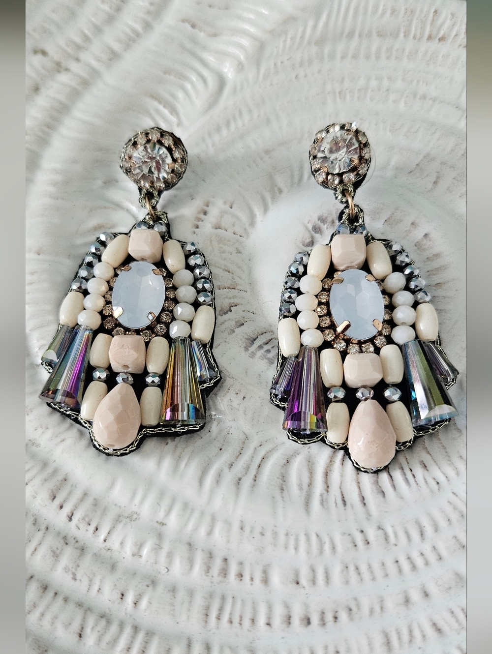 Elegant Multi-Bead Statement Drop Earrings in Cream and Iridescent Hues